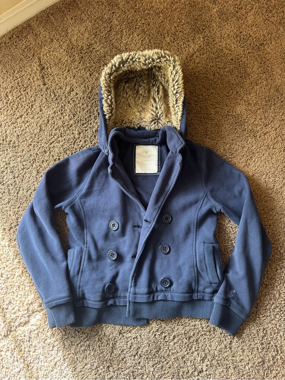 Y2K American Eagle Outfitters Navy Blue Hooded Peacoat with Faux Fur Lining